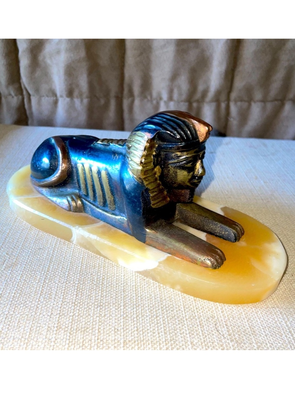 Vintage MCM Egyptian Revival Brass Sphinx Figurine Onyx Base Decor